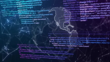 Fototapete - At start, 3D globe forming and rotating while code snippets scroll, visualizing digital network