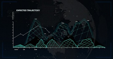 Poster - cyan line emerging initiating peaks rising labels forming and rotating globe showing data trend