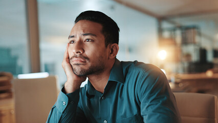 Aufkleber - Businessman, tired and thinking with night, fatigue and time management or overtime. Journalist person, bored and low energy or sad for online deadline or reading article on computer in office