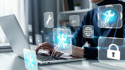 Poster - Person typing on a laptop with floating digital icons displaying various software applications shown