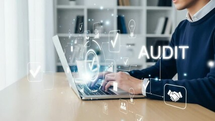 Poster - Man typing on laptop with audit graphic overlays and office background in bright lighting scene