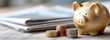 © Tin - Low-risk retirement portfolio for wise pension and gold strategy concept. A piggy bank surrounded by coins and financial documents.