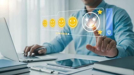 Poster - Man selecting a happy face on a digital interface while using a laptop on a white desk top view