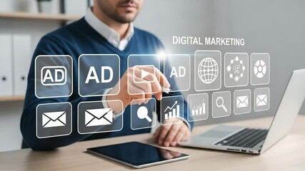 Poster - Man interacting with digital marketing icons on screen with laptop and tablet on the desk near folders