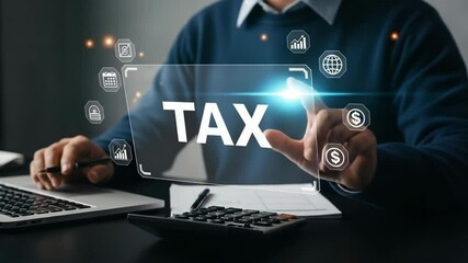 Poster - Person interacting with a transparent screen displaying the word tax and financial icons around it