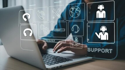 Aufkleber - Person using laptop with customer support icons overlayed on the screen interface display panel view