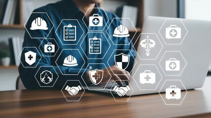 Poster - Man using laptop with safety and health icons overlayed on screen in an office environment setting