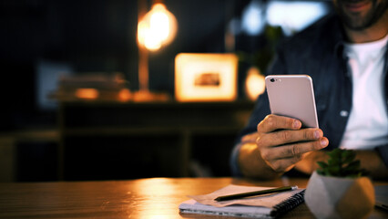 Aufkleber - Hands, night and man in office, smartphone and message to contact, social media and communication. Person, closeup and employee in workplace, evening and cellphone with digital app for chatting