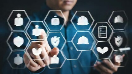 Poster - Person touching digital icons representing safety, health, and business collaboration on screen