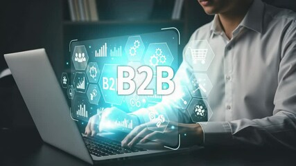Poster - Man typing on laptop with b to b interface and digital icons overlayed on the screen display view