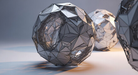 Leinwandbilder - Modern Abstract Metallic Polygon Mesh Spheres 3D Render Illustration