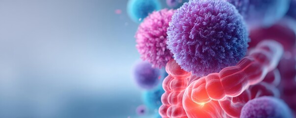 Poster - Digestive system disease for prevention and medicine support concept. Colorful microscopic view of cells and microorganisms in detail.