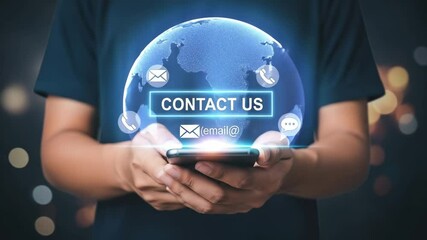 Poster - Person holding phone with contact us globe hologram and email, phone, chat icons around it