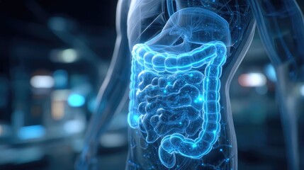 Poster - Digestive system disease for prevention and medicine support concept. Digital illustration of human digestive system in glowing detail.