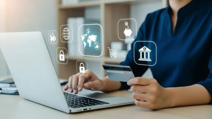 Poster - Person using laptop with credit card and digital banking icons floating above the keyboard area