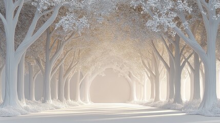 Fototapete - A digital rendering of a sunlit path through a monochrome forest, featuring a perspective that leads the eye towards a bright, hazy opening