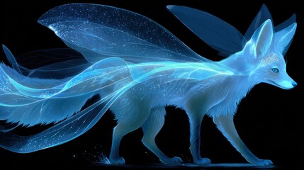 Poster - Mystical blue fox creature with glowing wings and dark background