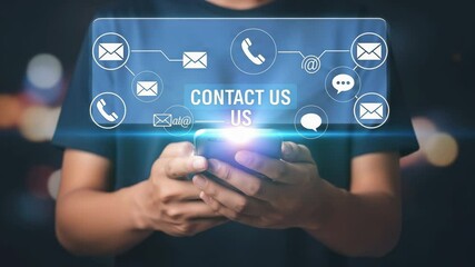 Poster - Person holding phone with contact us icons floating above the device in a blue interface box