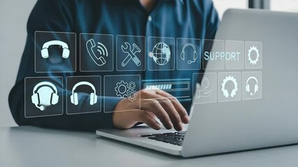 Poster - Person typing on laptop with support icons overlayed representing technical assistance and customer service