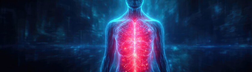 Poster - Abdominal pain diagnosis using medicine and healthcare support concept. Abstract illustration of human anatomy with glowing elements.
