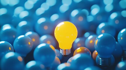Poster - Yellow light bulb illuminated among blue bulbs creates a vibrant contrast in a creative atmosphere
