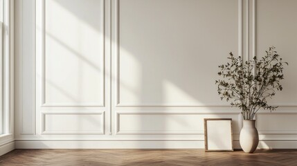 Fototapete - Elegant interior with classic white walls and minimalist decor featuring a brown wooden floor and a vase of greenery