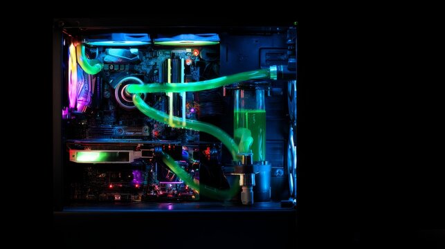 Sleek custom gaming PC with vibrant RGB lighting showcasing high-performance components, modern computer hardware and technology concept for gamers and enthusiasts.