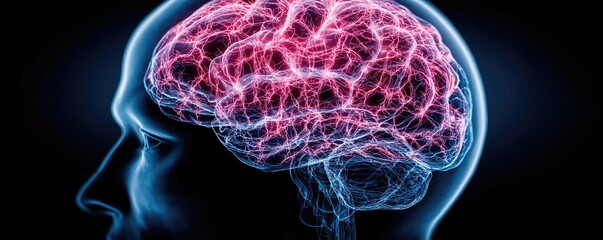 Poster - Brain and emotion including fear and mental balance concept. Abstract visualization of a human brain with vibrant neural activity.
