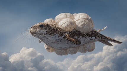 Poster - Seal floating in the sky above clouds in a dreamlike illustration