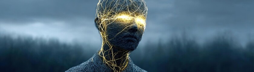 Aufkleber - Overthinking mind for fear, worry and healing concept. A surreal figure with glowing eyes and electric energy.