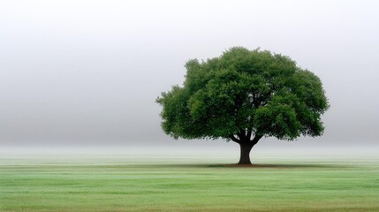 Aufkleber - Mental clarity on self recovery and peace balance concept. A solitary green tree stands in a misty, serene landscape.