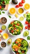 © sun - Fresh healthy vegetable salad with cherry tomatoes citrus fruits avocado and spices on white background