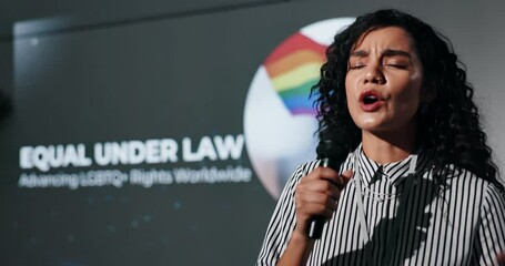 Aufkleber - Business woman, speech and seminar with mic for LGBTQ awareness campaign, presentation or equality. Female person, presenter or speaker talking at summit for global human rights or pride community