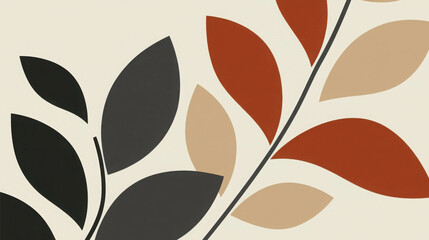 Fototapete - Abstract illustration of colorful leaves in modern design style featuring black, red, and beige shades on a soft cream background for artistic use