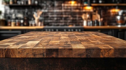Aufkleber - Wood table top showcasing rich textures in a blurred kitchen environment during a cozy cooking atmosphere