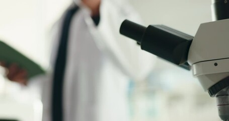Poster - Person, microscope and scientist for chemistry in lab for experiment, medical study and cure. Man, tablet and liquid for chemical solution, research and healthcare innovation and vaccine development