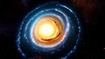 Spectacular view of a golden galactic core illuminating a swirling blue nebula in deep outer space with stars, cosmic scene, universe exploration.