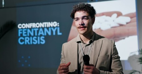 Poster - Man, presenter and convention with mic by screen for drugs, info or solution for addiction crisis. Person, speaker and speech at conference for fentanyl awareness, substance and narcotics on stage