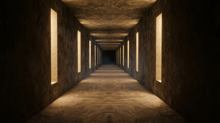 Poster - Dimly Lit Corridor with Soft Lighting and Textured Walls Creating an Atmosphere of Mystery and Anticipation in an Urban Environment