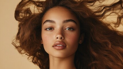 Poster - Model with flowing hair showcases natural beauty during editorial shoot in a studio setting