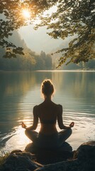 Poster - Woman meditating peacefully by a calm lake at sunrise amidst serene natural surroundings