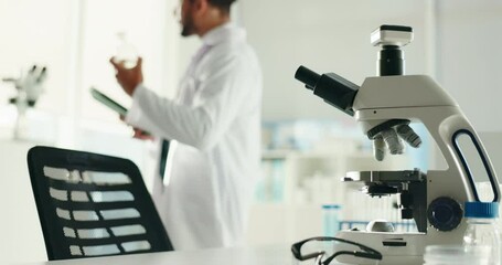 Poster - Hands, person and scientist with microscope in lab for experiment, medical study and testing. Man, tablet and biotech for chemical discovery, sample and healthcare innovation and vaccine development