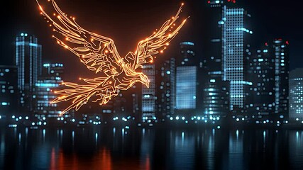 Poster - Abstract illustration of a bird soaring over a city skyline at night