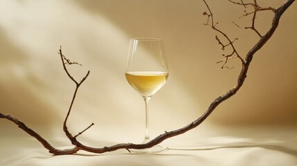 Poster - A glass of white wine rests elegantly alongside a twisted branch on a soft beige background during a tranquil afternoon