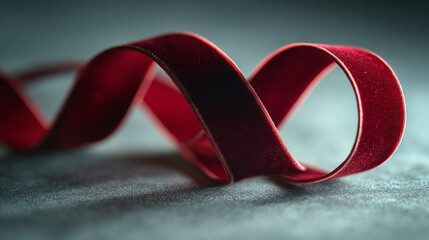 Poster - A close up of a red velvet ribbon twisted and looped on a textured gray surface in soft focus light