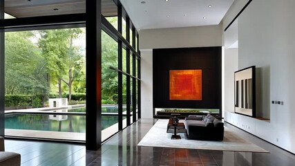Poster - Modern living room with large windows and art.
