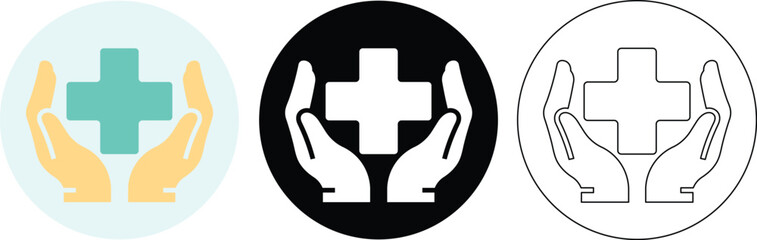 Poster - Medical cross symbol supported in protecting hands illustration representing health care and support