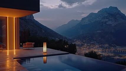 Poster - Modern house with swimming pool and mountain view at twilight