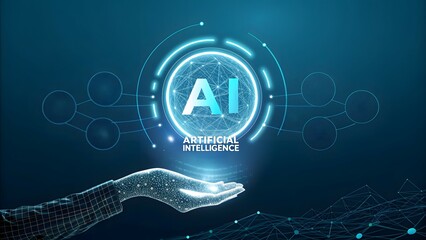 Aufkleber - Futuristic AI Hologram Interface with Hand and Blue Tech Background