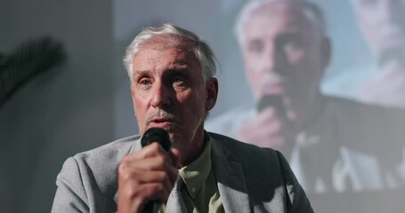 Poster - Mature, speaker or man in seminar speech for global economy, forum or finance resources. Presentation, education and guest on talk show stage for financial growth, inflation solution or convention